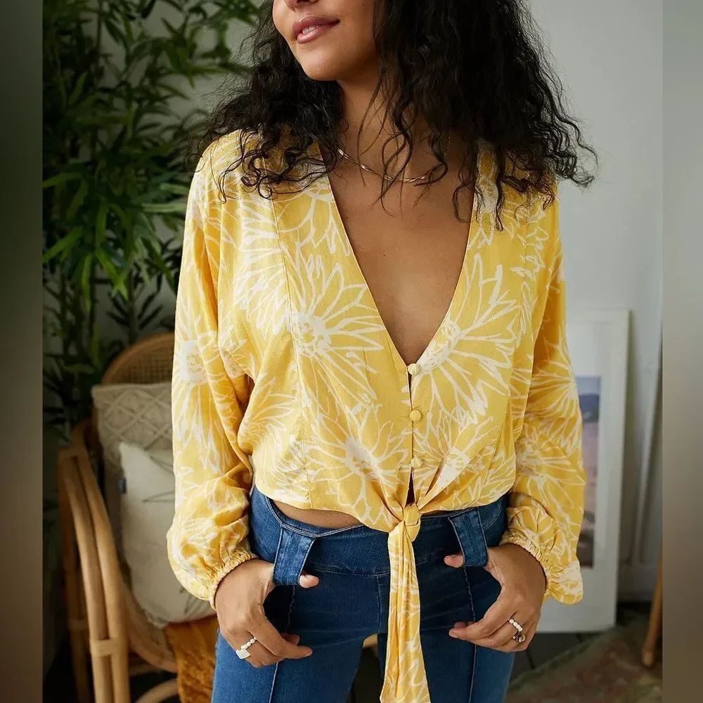Urban Outfitters Yellow Floral Jeanne Tie Front Blouse